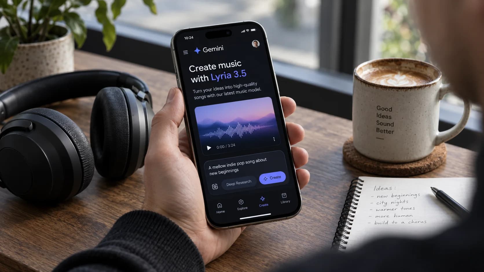 AI-genererad redaktionell illustration av en hand som håller en mobil med Gemini och Lyria 3.5 för musikskapande, med hörlurar och kaffekopp på bordet.