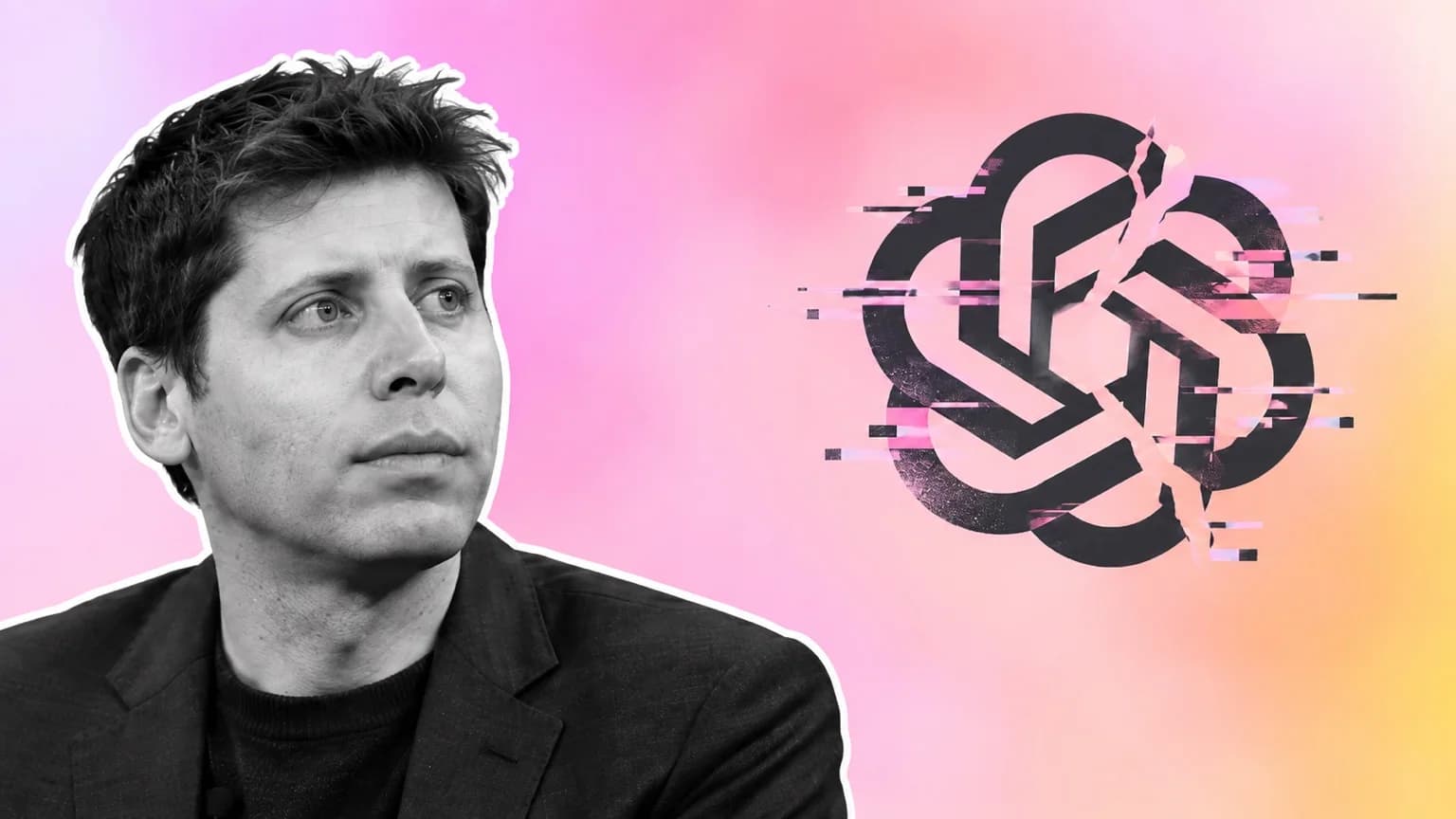 Svartvit bild på Sam Altman mot rosa bakgrund bredvid en glitchad och sprucken ChatGPT-symbol.