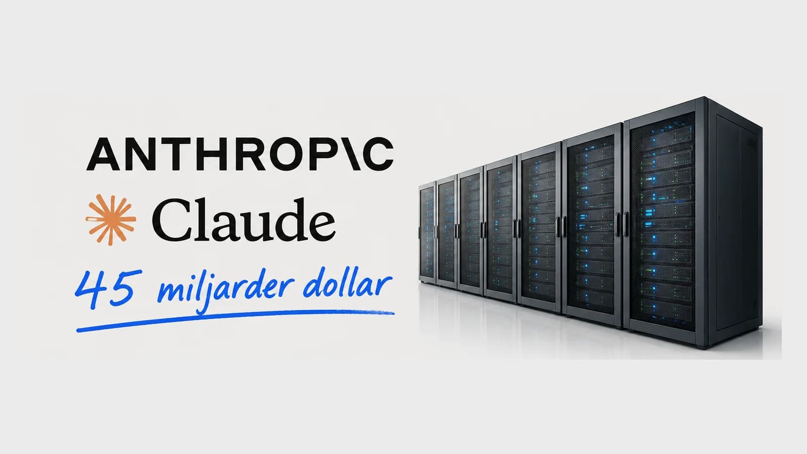 Anthropic och Claude bredvid serverrack med handskriven text 45 miljarder dollar