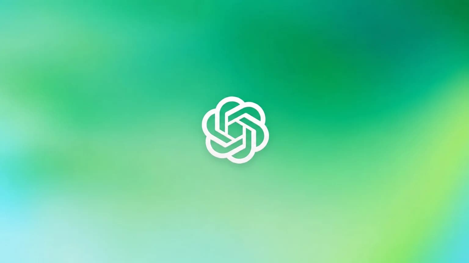 Vit OpenAI-logotyp centrerad mot en grön och turkos abstrakt bakgrund.