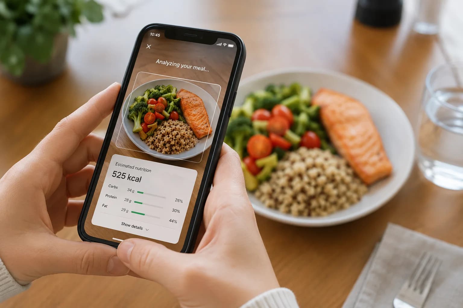 En person håller en mobiltelefon över en tallrik med lax, grönsaker och ris medan en AI-app uppskattar måltidens näringsinnehåll.