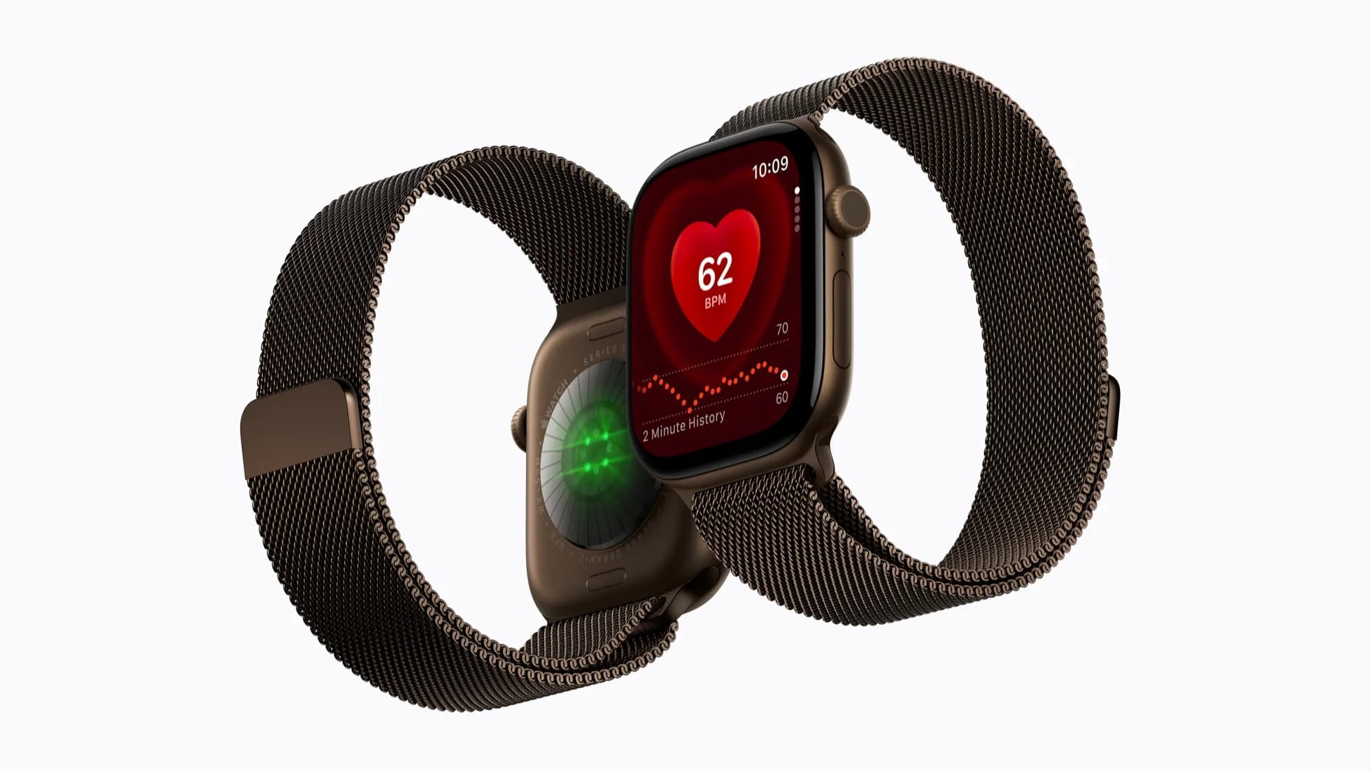 Två Apple Watch Series 12 visas sida vid sida, med sensorerna och appen Puls synliga.