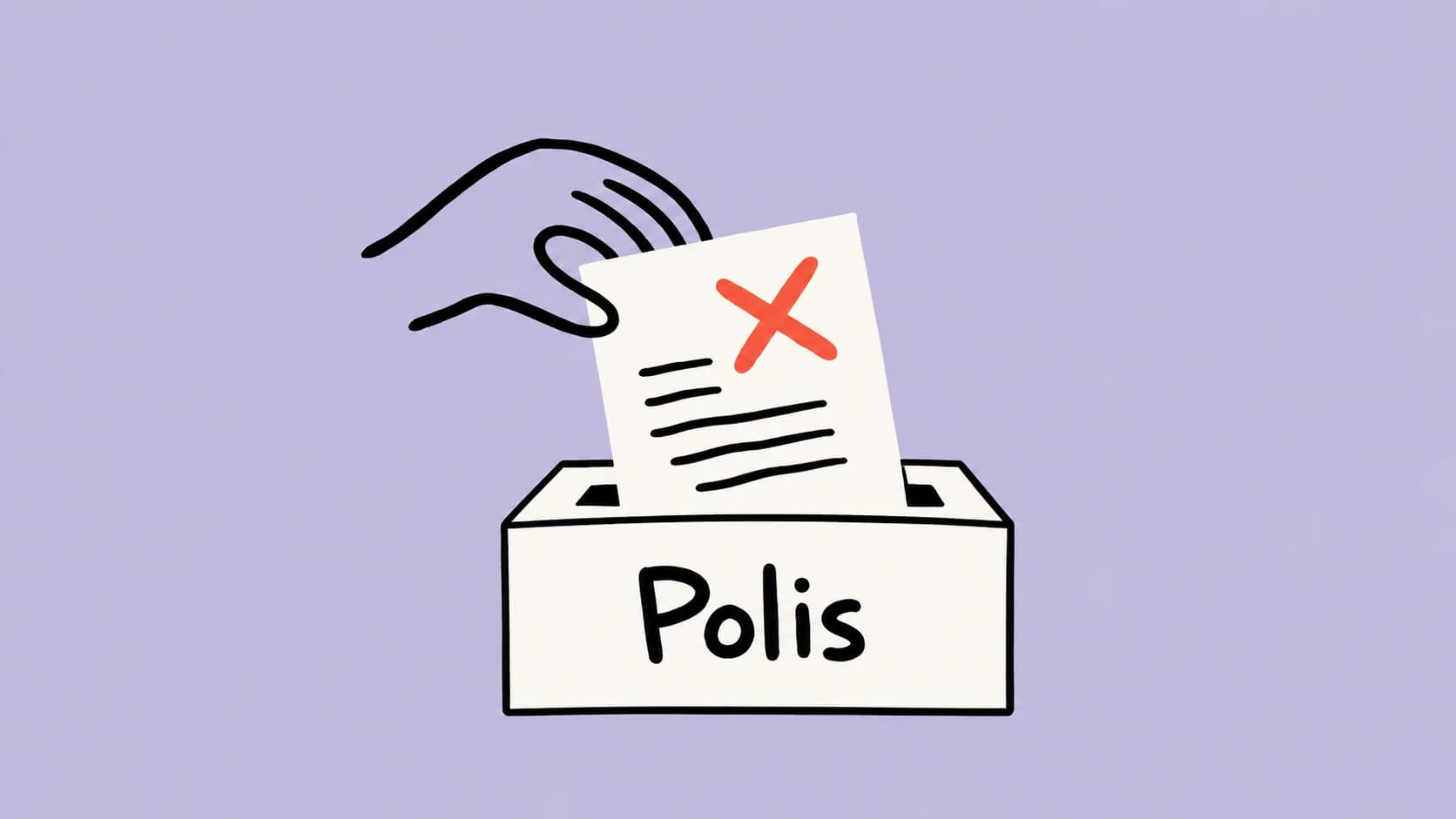 AI-genererad illustration av en hand som lämnar ett dokument med ett rött kryss i en vit låda med svart kontur och texten Polis, mot lila bakgrund.