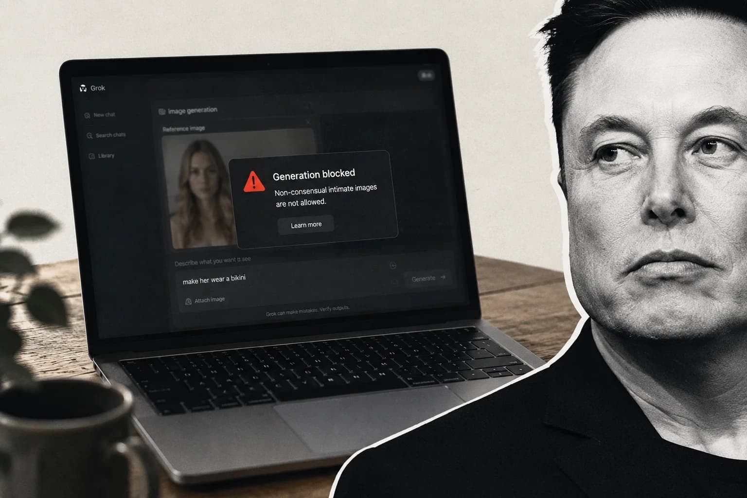 En bärbar dator visar en blockerad AI-generering medan en svartvit utklippt bild av Elon Musk syns från höger sida.
