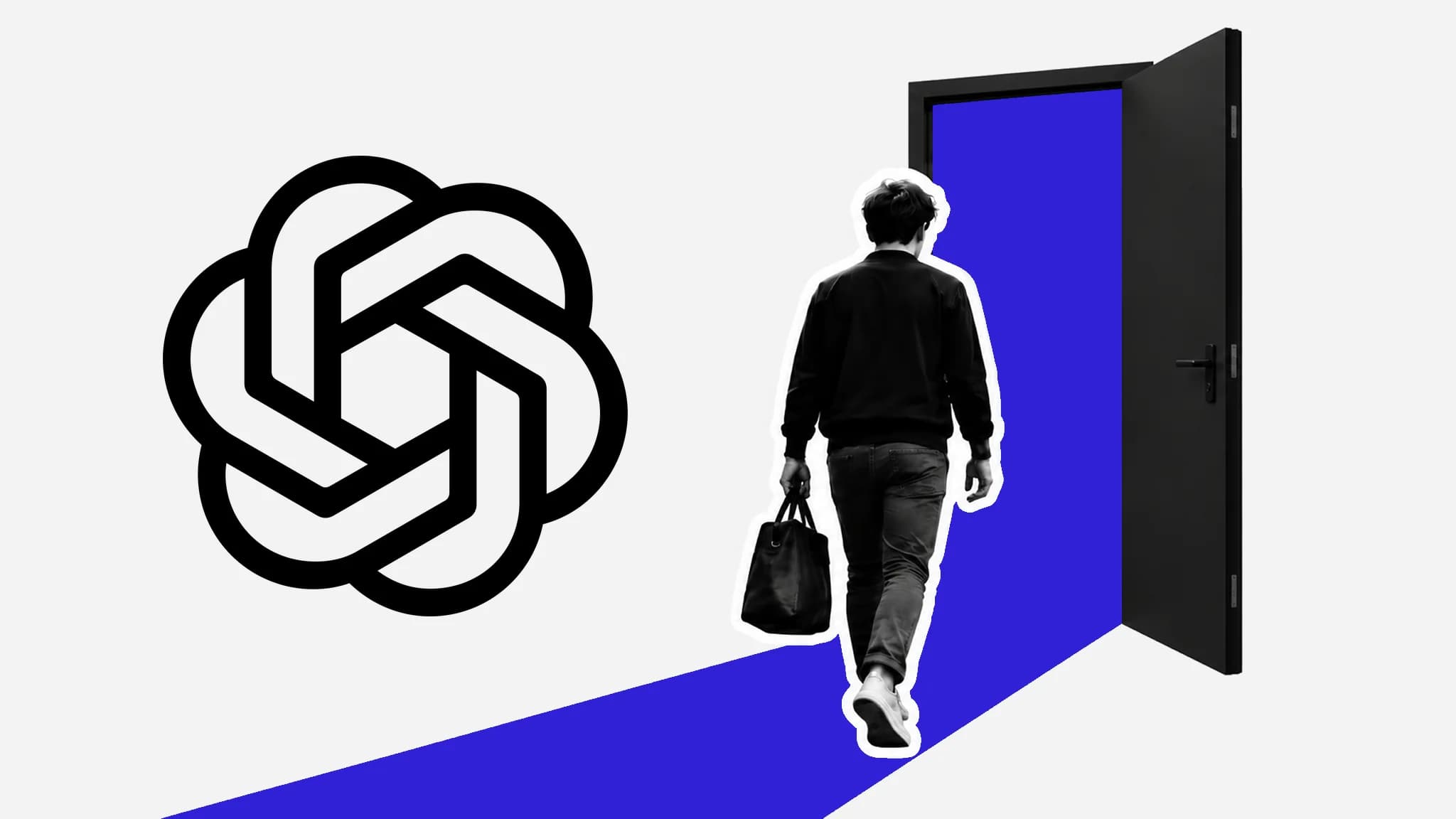 Svartvit utklippt person med väska på väg mot en öppen dörr och en blå gång, bredvid OpenAI:s svarta symbol på ljusgrå bakgrund.