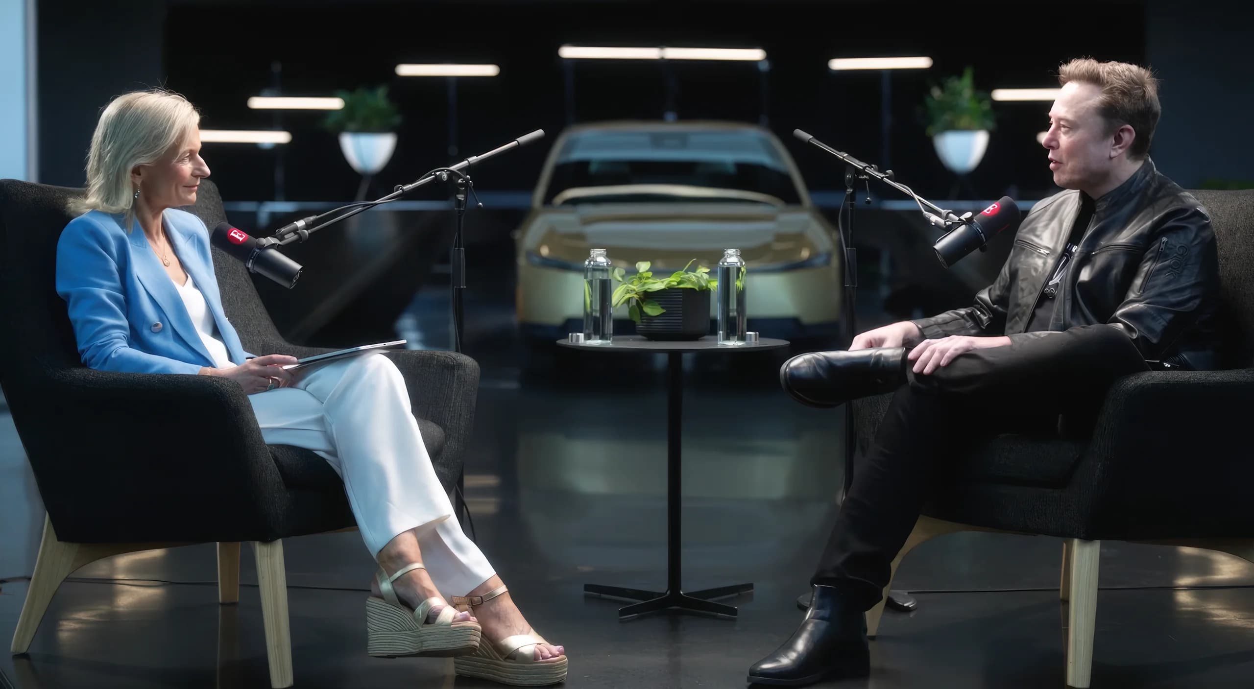 Elon Musk intervjuas av The Economist framför en Tesla