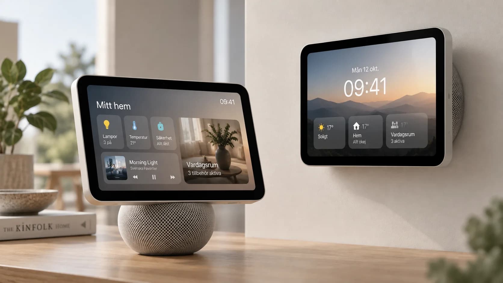 AI-genererad konceptbild av två ryktade Apple HomeView-enheter, en skärm på högtalarbas och en väggmonterad skärm i ett ljust hem.