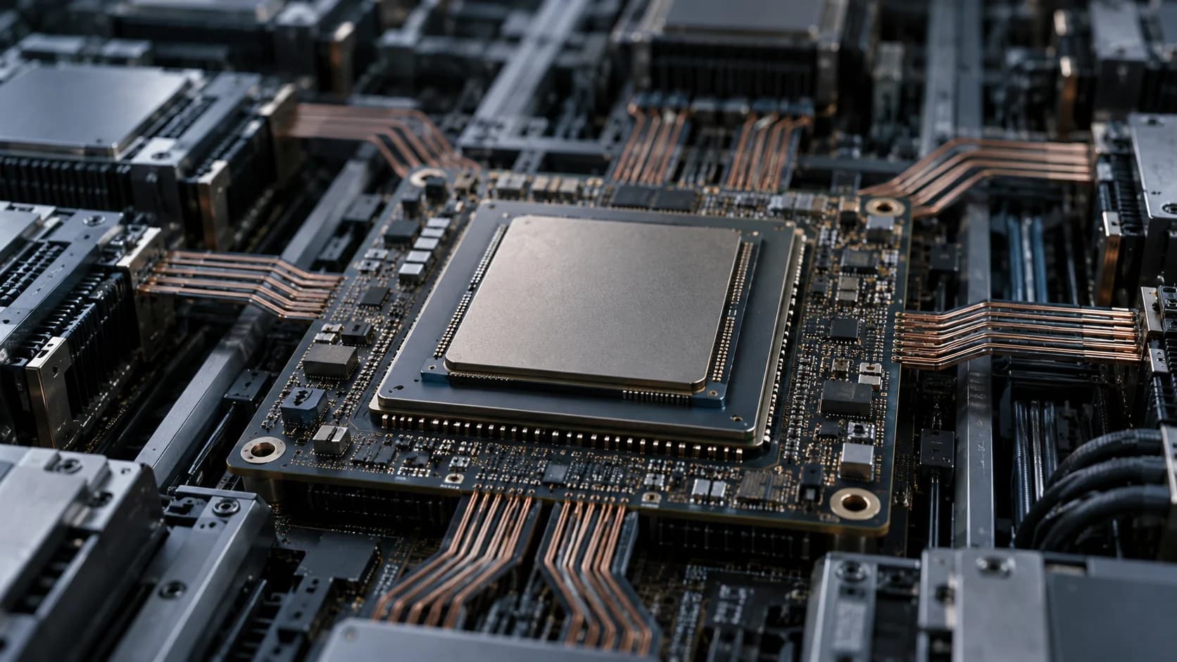 Illustration av ett avancerat AI-chip på ett kretskort med sammankopplad högpresterande infrastruktur.