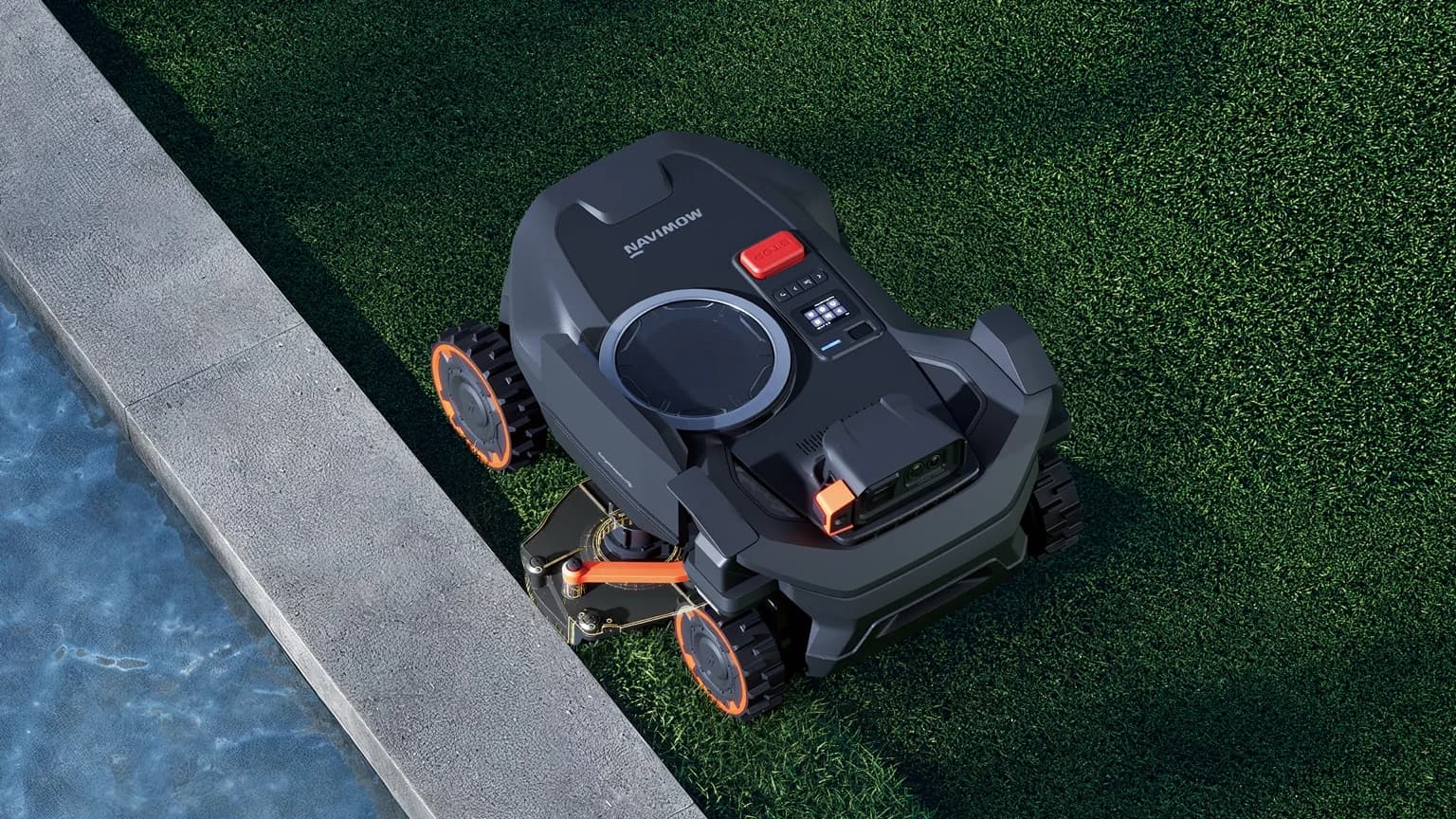 Segway Navimow H5 Pro på en gräsmatta intill en stenkant, med den utfällbara EdgeMaestro-klipparmen synlig vid kanten.