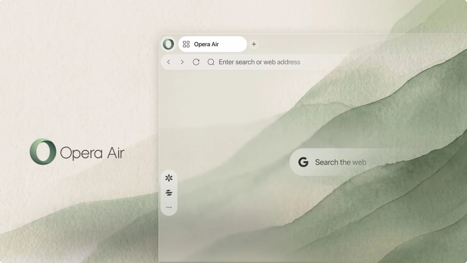 Opera Air-logotyp bredvid webbläsarens ljusa gränssnitt med grön naturinspirerad bakgrund.