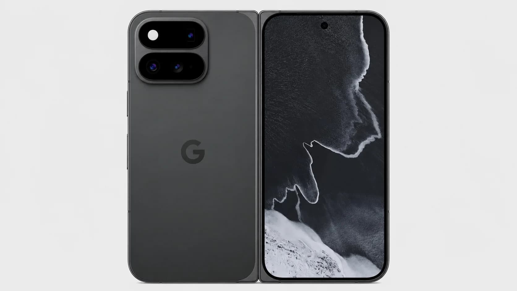 Google Pixel 11 Pro Fold visas framifrån och bakifrån mot en ljusgrå bakgrund.