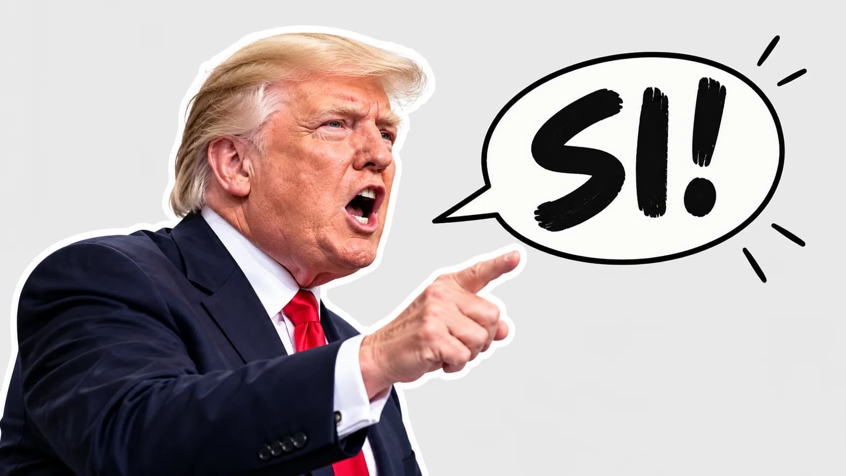 AI-genererad illustration av Donald Trump som pekar mot en pratbubbla med texten SI!