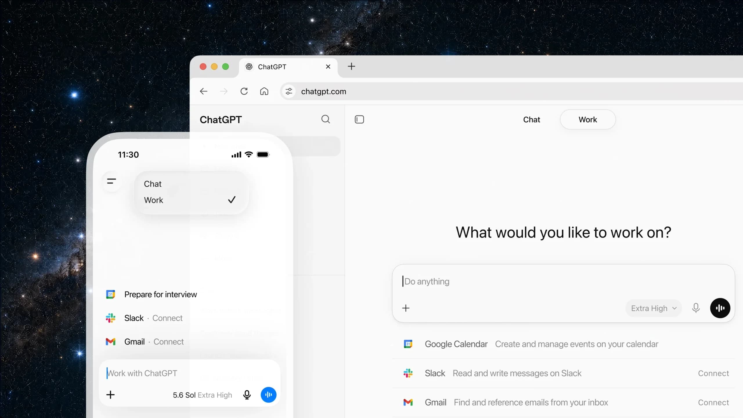 ChatGPT Work visas på en dator och en mobil tillsammans med anslutningar till Google Kalender, Slack och Gmail.