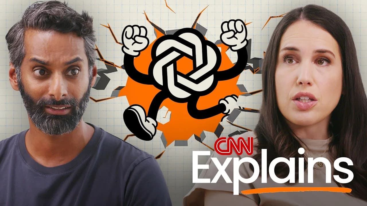 CNN Explains-miniatyr med två programledare och en tecknad OpenAI-symbol som bryter genom en vägg.