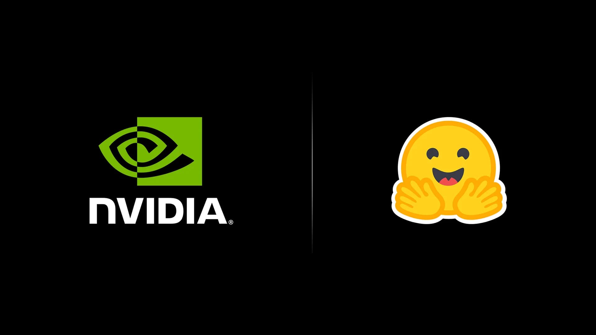 Nvidias logotyp och Hugging Faces emoji-logotyp mot svart bakgrund.