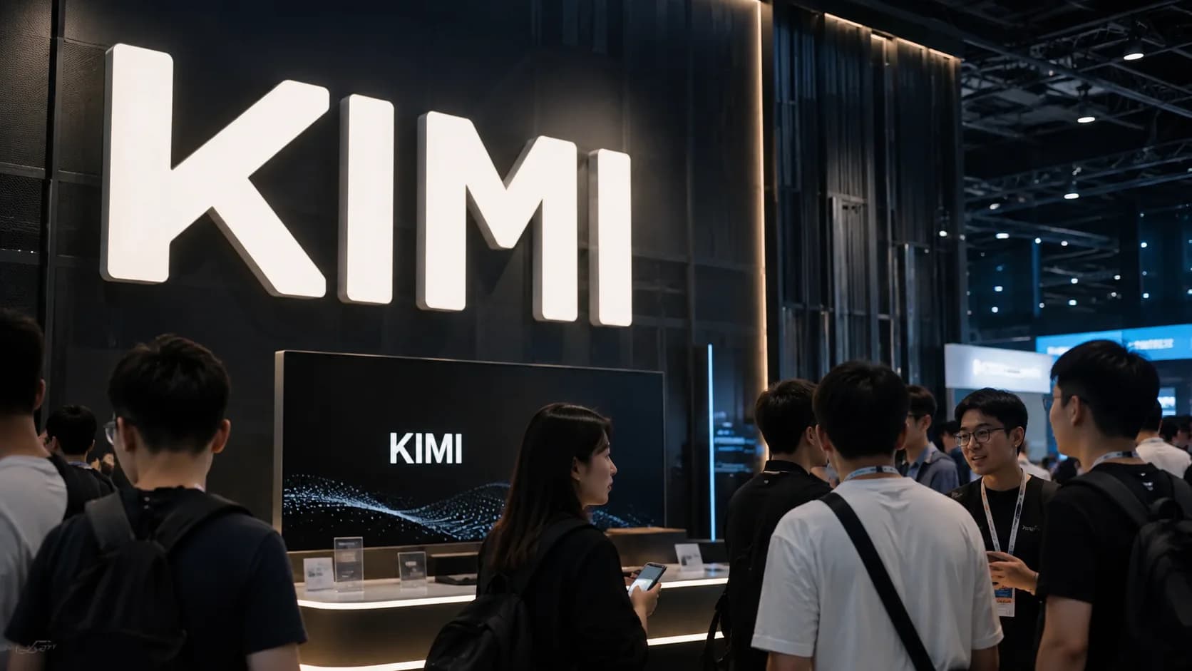 Besökare samlas framför Kimi-montern på en teknikmässa med en stor belyst Kimi-skylt i bakgrunden.