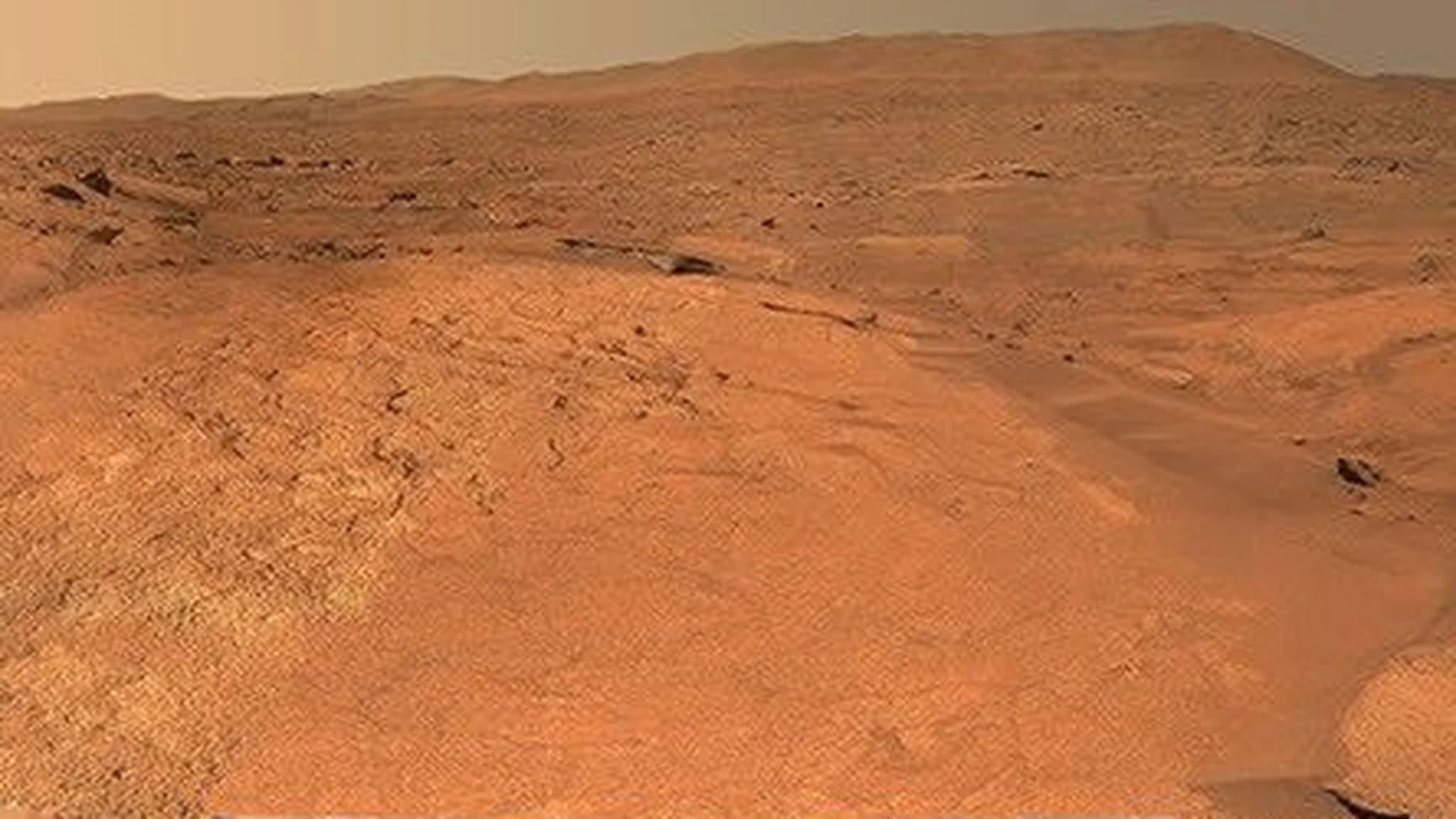 Utsnitt från Perseverance-roverns panorama över Turquoise Bay i Jezero-kratern på Mars, med stenig mark och låga höjder vid horisonten.