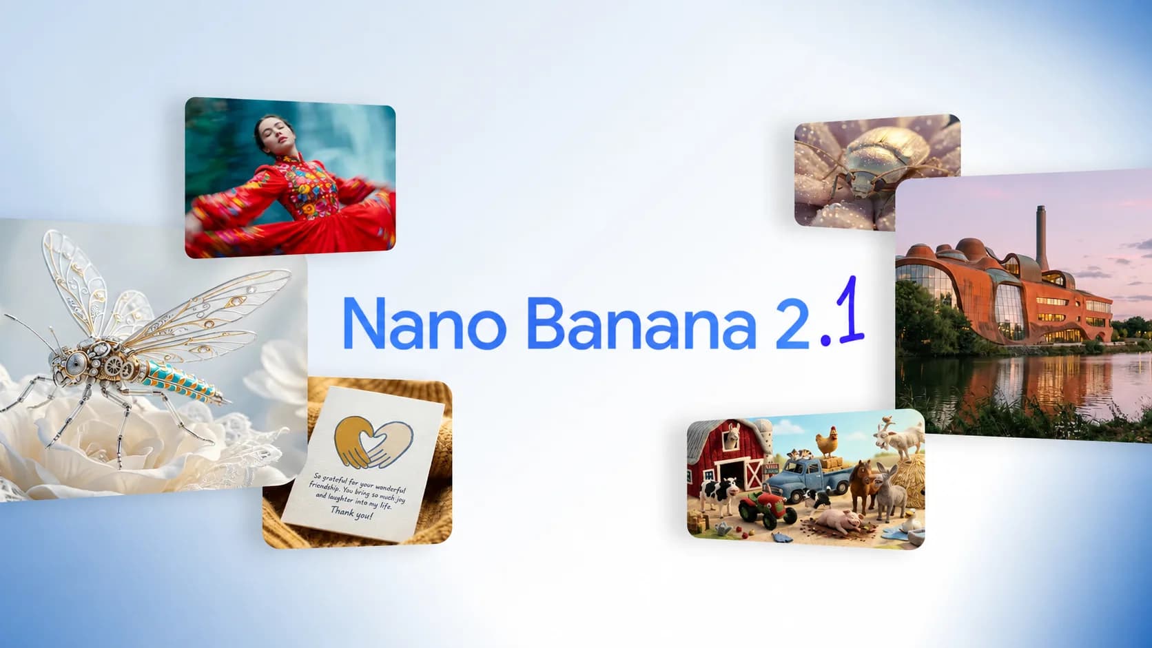 Kollage med en kvinna i röd klänning, insekter, en byggnad och en bondgård runt texten Nano Banana 2.1.