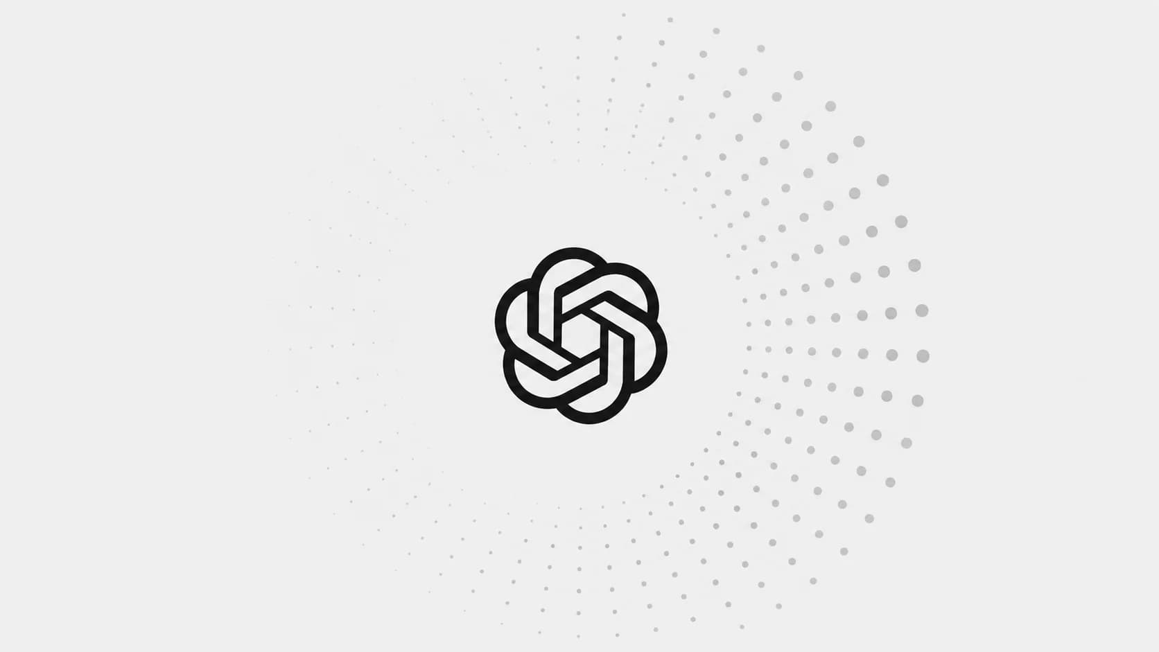 OpenAI-logotyp på ljusgrå bakgrund med ett växande mönster av punkter runtom.