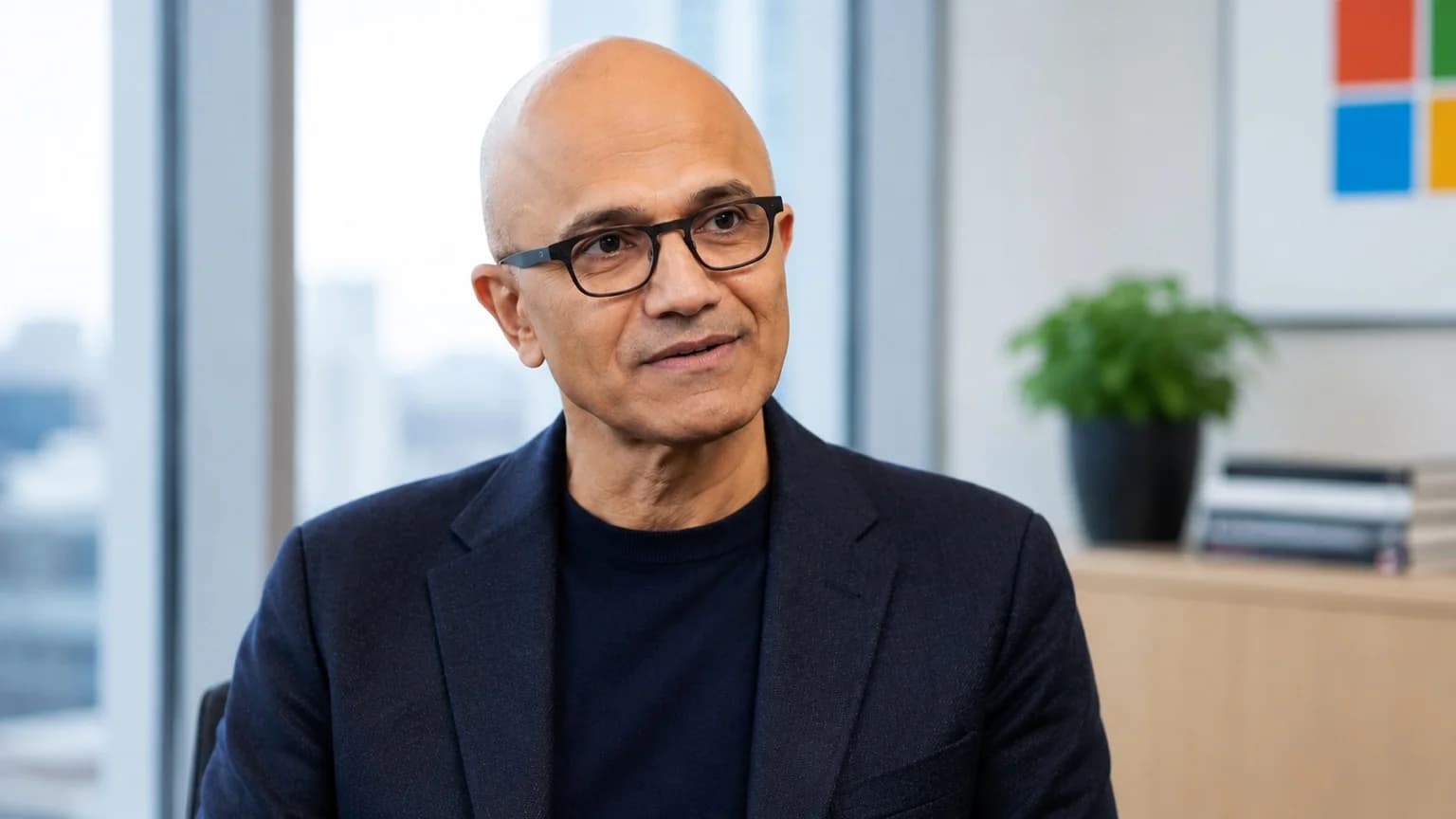AI-genererad illustration av Microsofts vd Satya Nadella i en ljus kontorsmiljö.