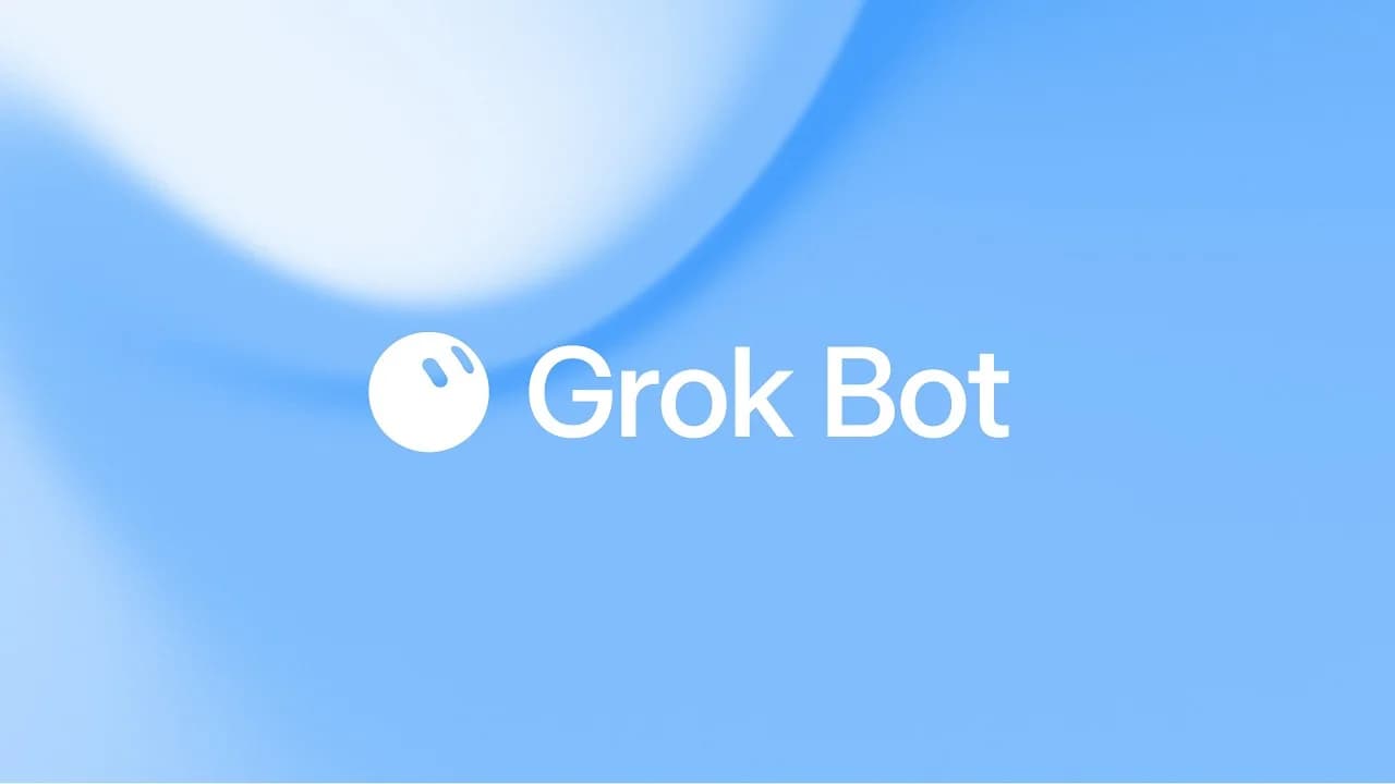 Grok Bot-logotyp i vitt mot en ljusblå bakgrund.