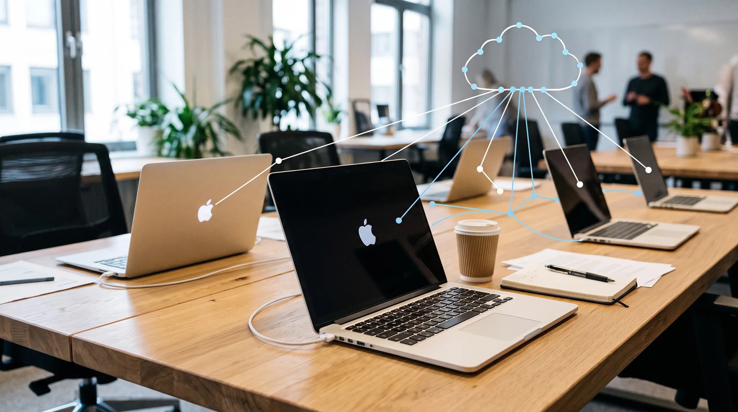 Flera MacBook-datorer står på ett långt bord i ett ljust kontor, med en illustrerad molnsymbol och linjer som kopplar samman datorerna.