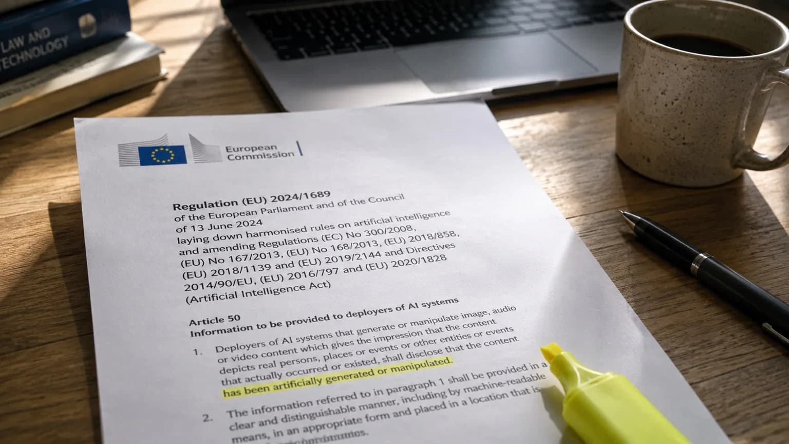 Utskrift av EU:s AI-förordning på ett skrivbord, där kravet på märkning av AI-genererat innehåll är markerat med gul överstrykningspenna.