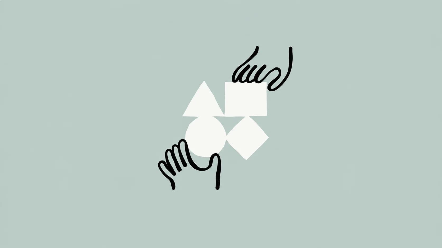 AI-genererad redaktionell illustration inspirerad av Anthropics utvalda bild, med svarta linjetecknade händer och vita geometriska former på en ljus grågrön bakgrund.