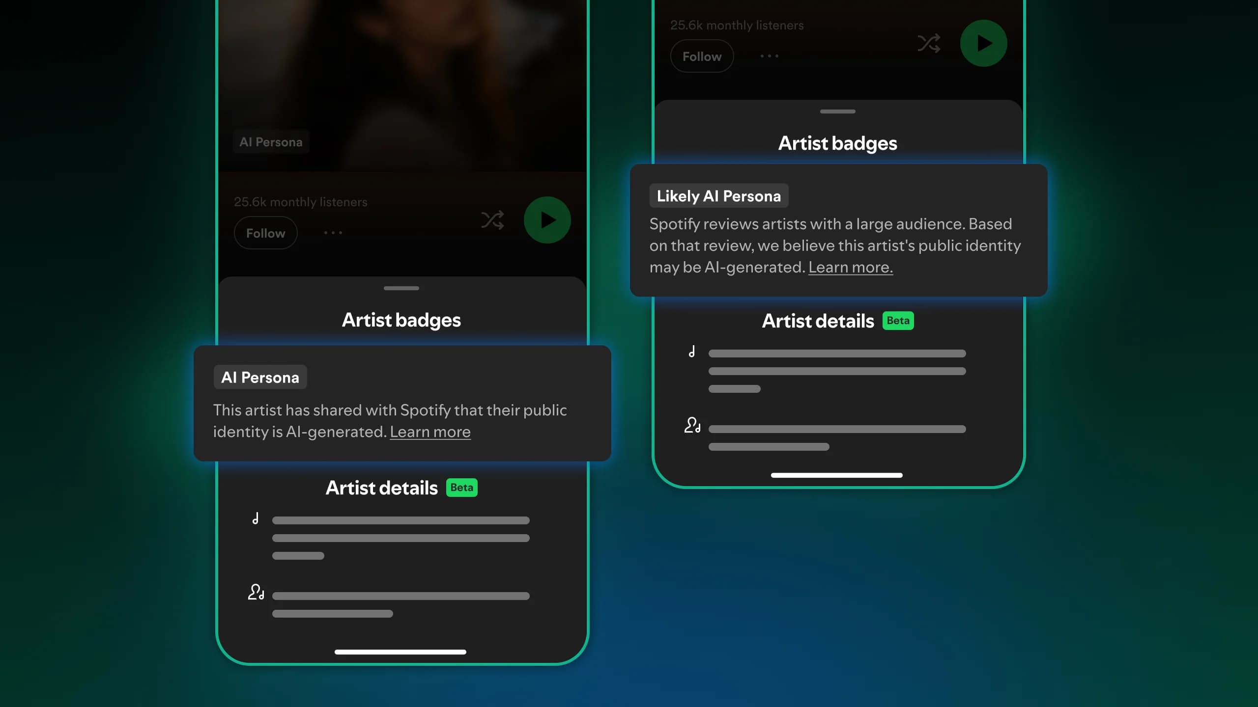Spotifys exempel på märkningarna AI Persona och Likely AI Persona på artistprofiler i appen.