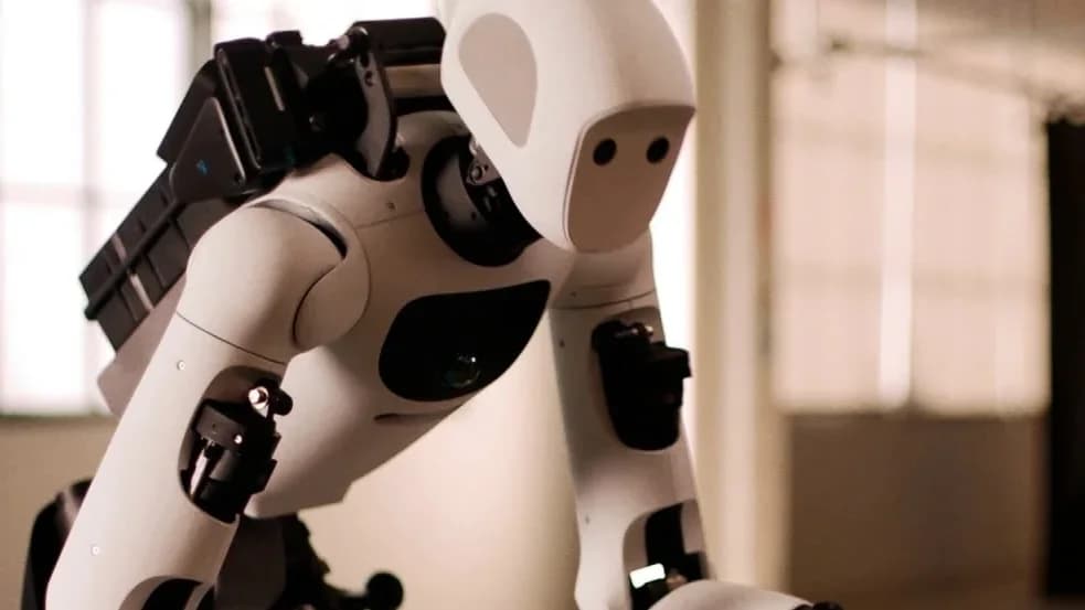 Närbild på en vit humanoid robot som böjer sig fram i en varmt belyst inomhusmiljö.