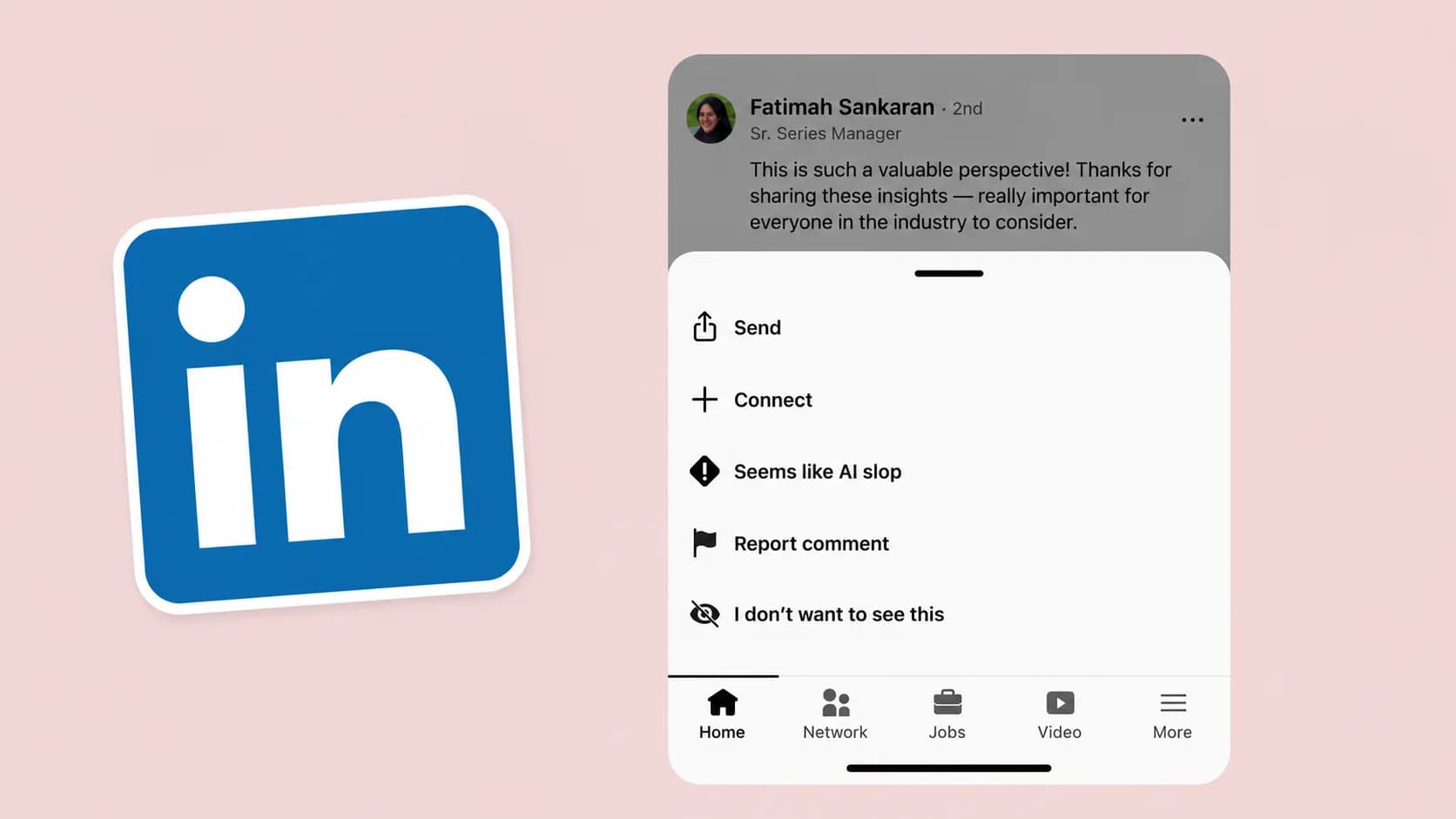 LinkedIn-logotyp bredvid en mobilvy där användaren kan markera en kommentar som AI-skräp.