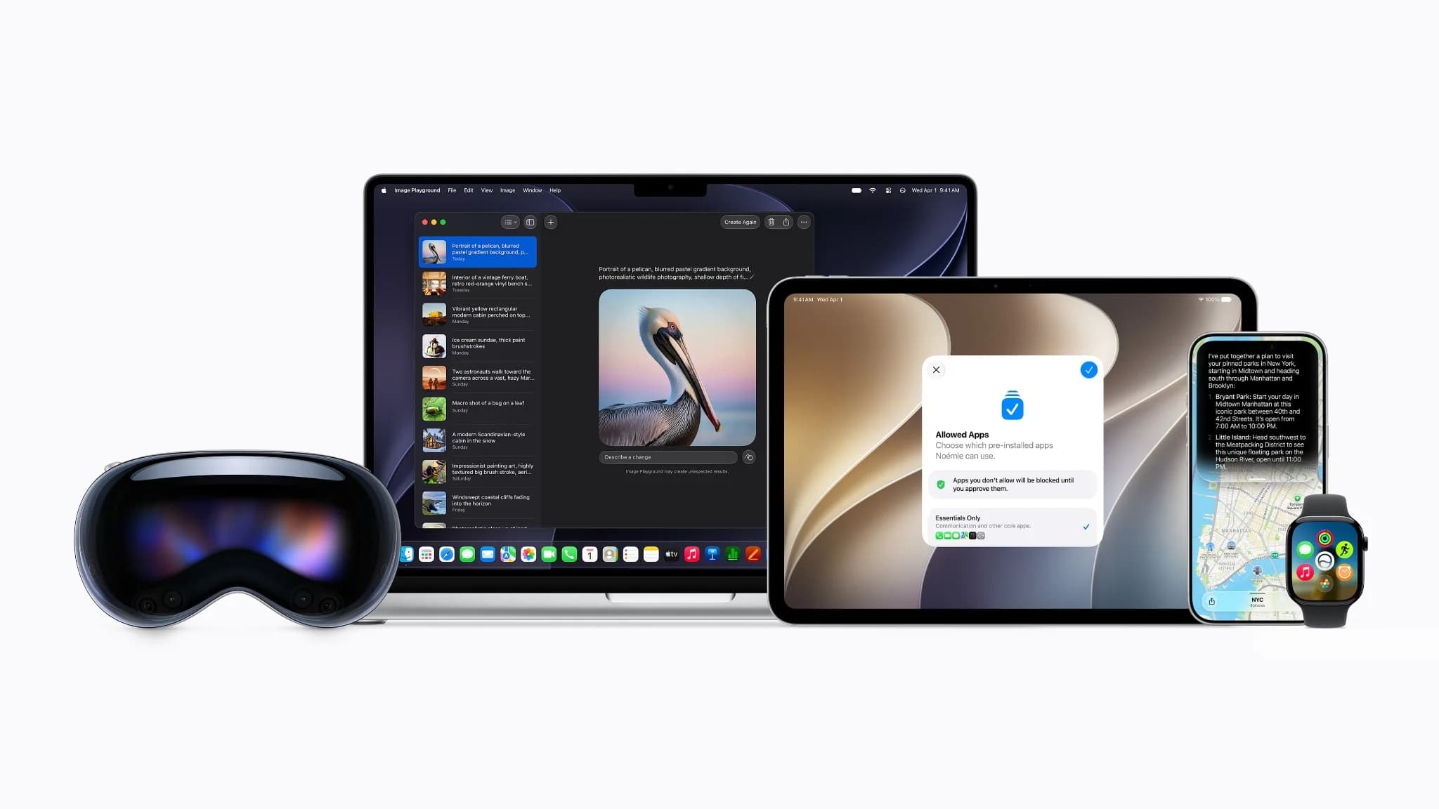 Apple Vision Pro, MacBook, iPad, iPhone och Apple Watch framför en ljus bakgrund.