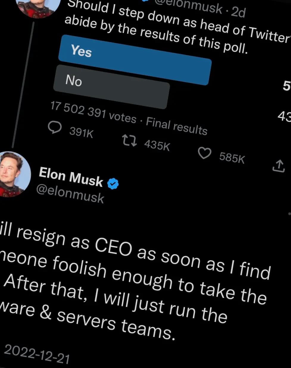 Musk avgår som VD för Twitter - men inte just nu