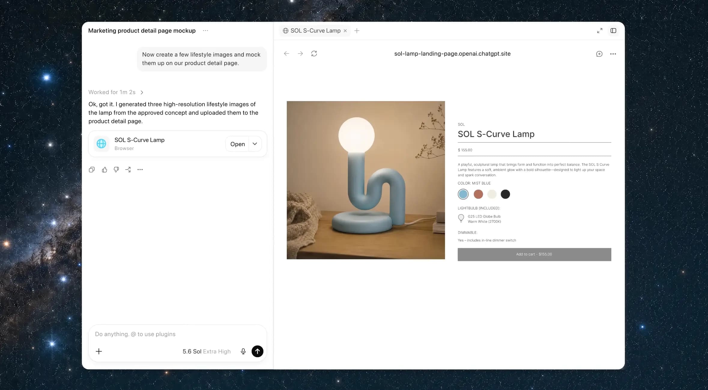 Skärmbild av ChatGPT Work som skapar en produktsida för en lampa