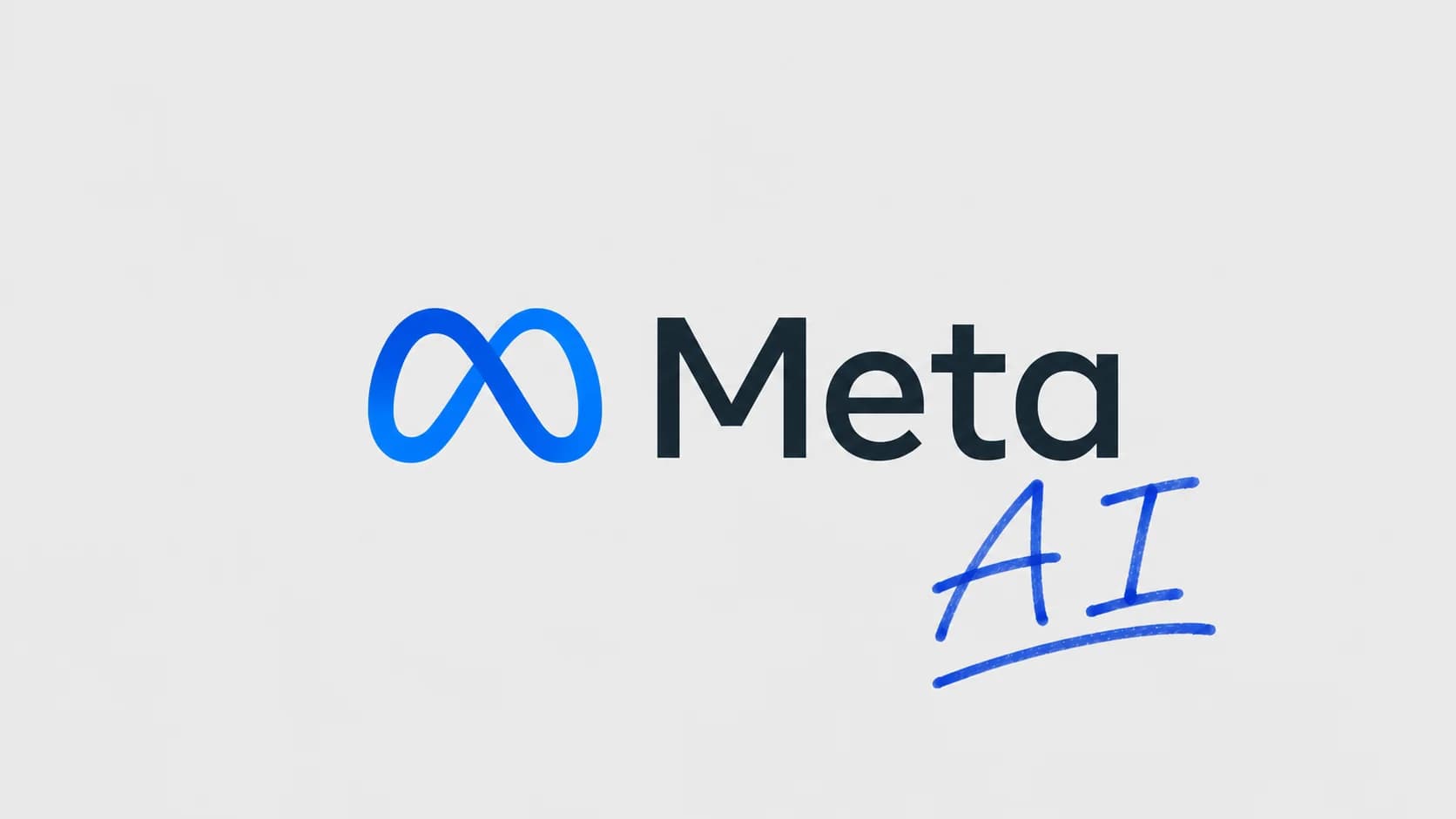 Metas logotyp mot ljusgrå bakgrund med handskrivet AI i blått.