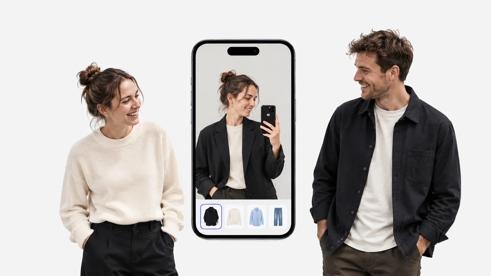 En kvinna och en man bredvid en mobil som visar virtuell klädprovning.