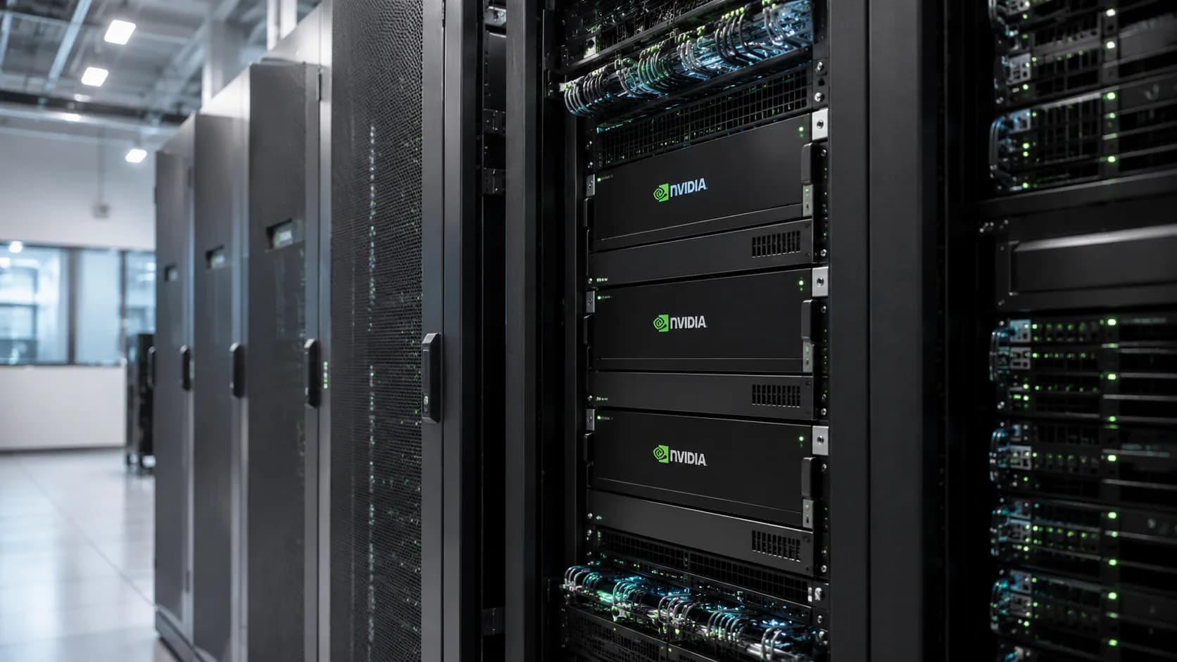 Nvidia-märkta AI-servrar i ett modernt serverrum.