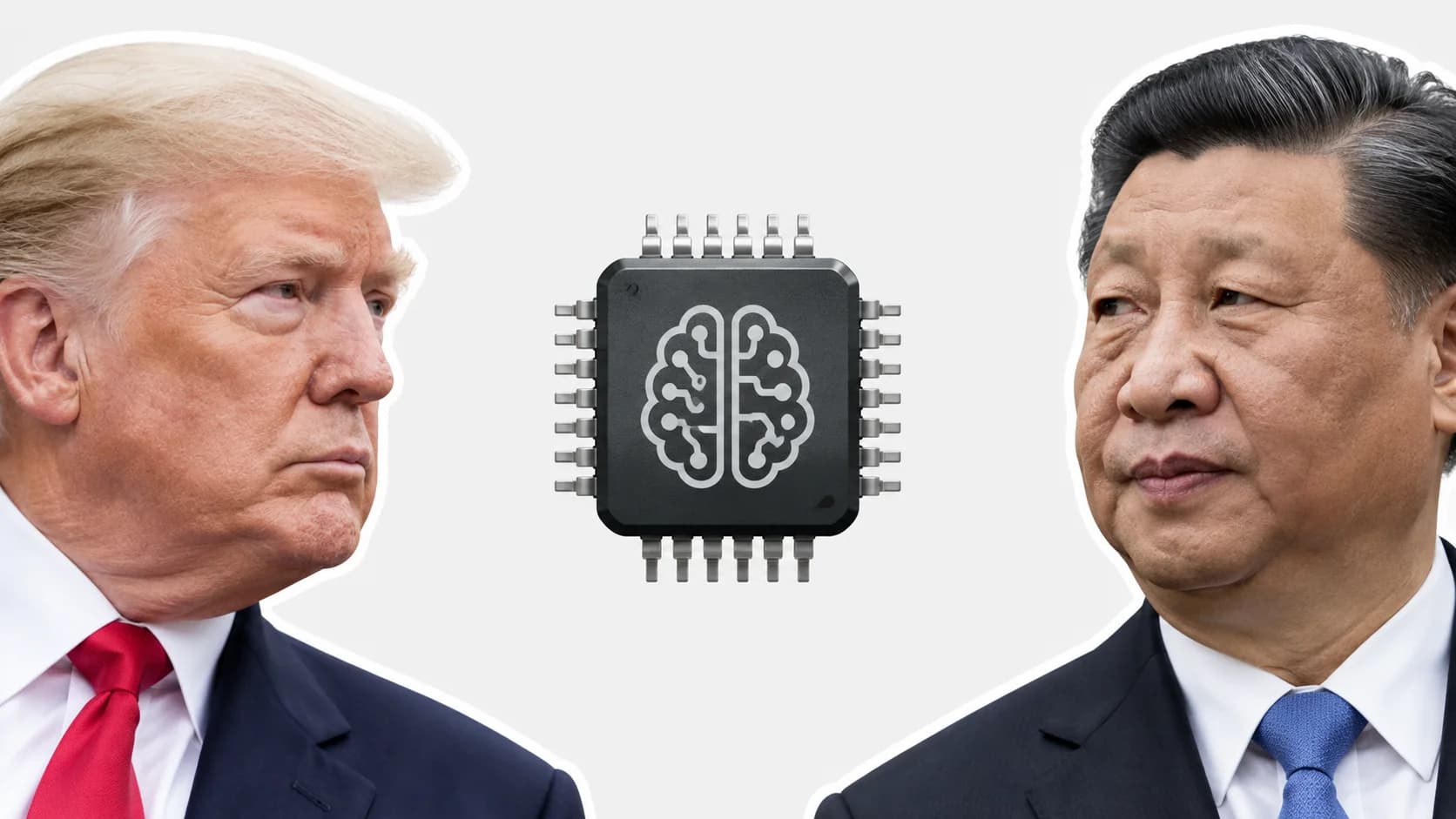 AI-genererad illustration med Donald Trump till vänster, Xi Jinping till höger och ett AI-chip mellan dem mot ljusgrå bakgrund.
