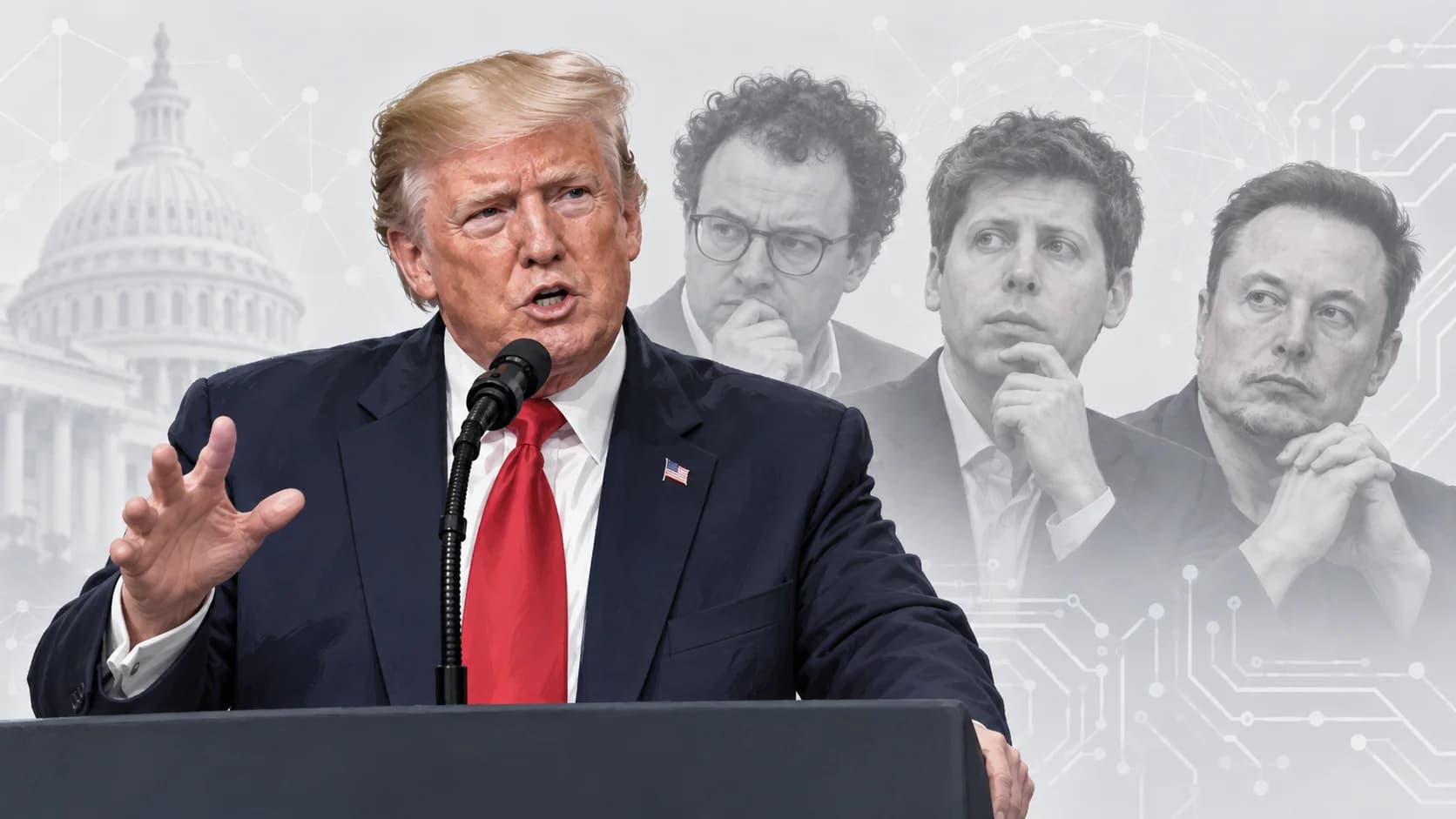 AI-genererad illustration av Donald Trump vid en talarstol med Dario Amodei, Sam Altman och Elon Musk i bakgrunden.