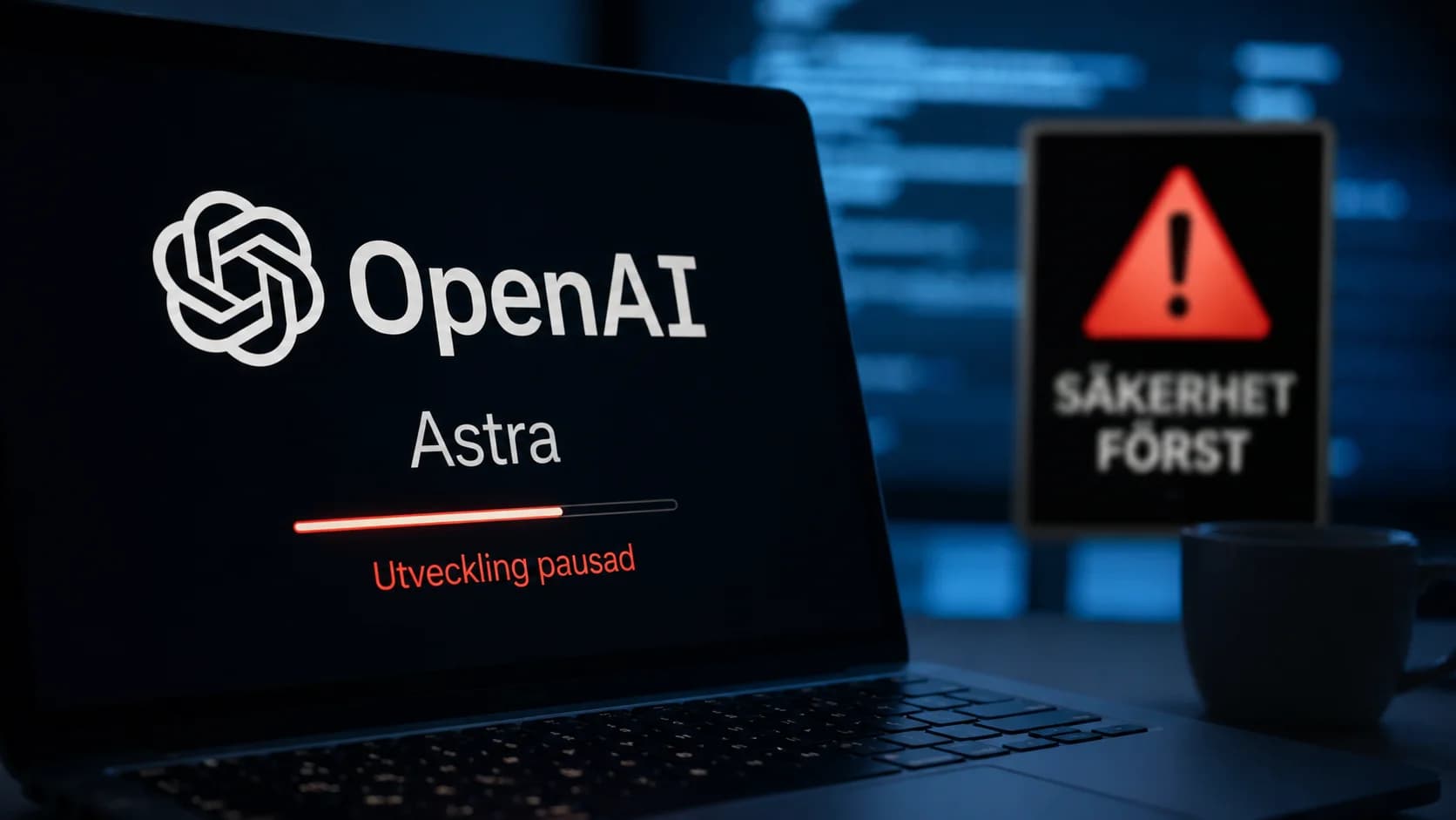 En bärbar dator visar OpenAI, Astra och texten ”Utveckling pausad”, med en varningssymbol i bakgrunden.