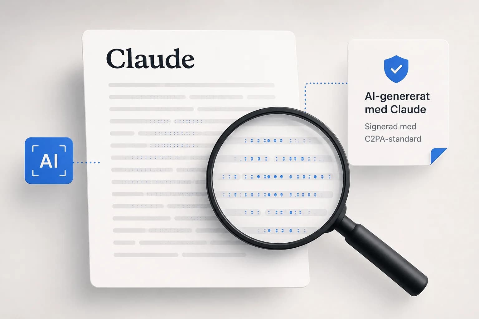 Illustration av ett Claude-dokument där en förstoringsglasliknande vy synliggör en maskinläsbar AI-märkning i texten.