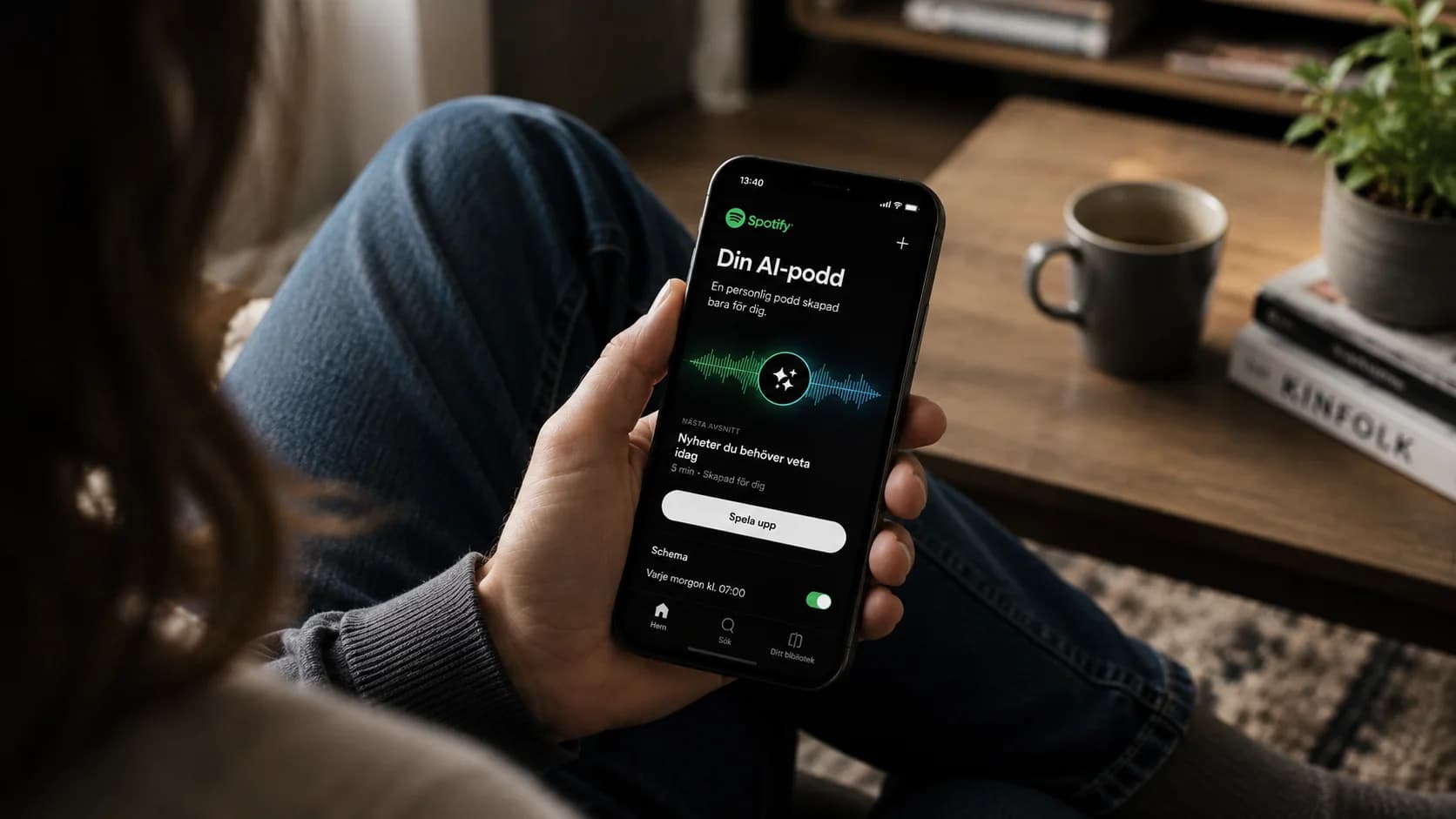 Person sitter hemma med en mobiltelefon i handen som visar en Spotify-inspirerad vy för en personlig AI-podd.