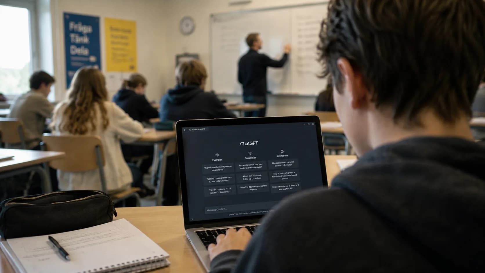 Elev använder ChatGPT på en bärbar dator under en lektion i ett klassrum.