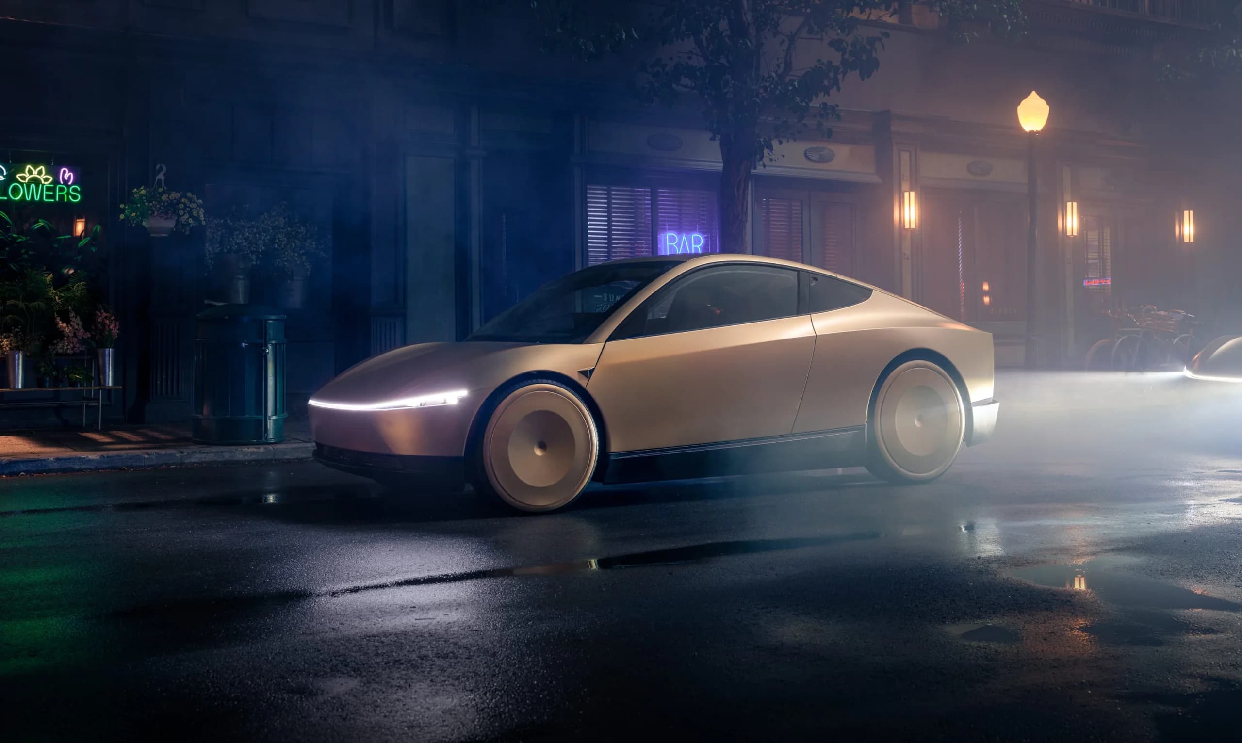 Tesla Cybercab på en mörk stadsgata under Teslas We, Robot-evenemang.