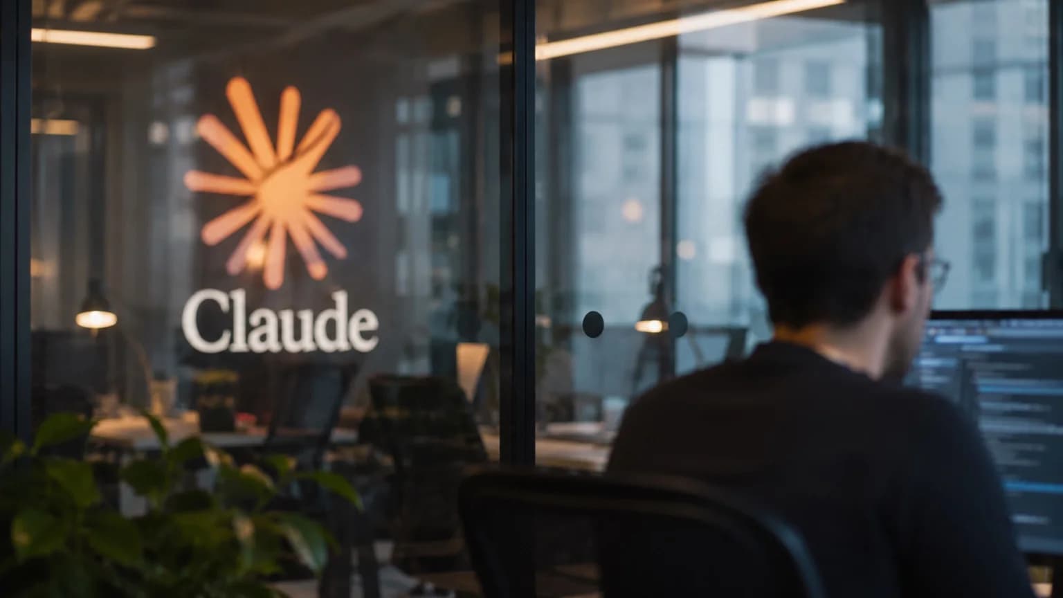 En person arbetar vid en datorskärm bakom en glasvägg med Claudes orange logotyp i bakgrunden.