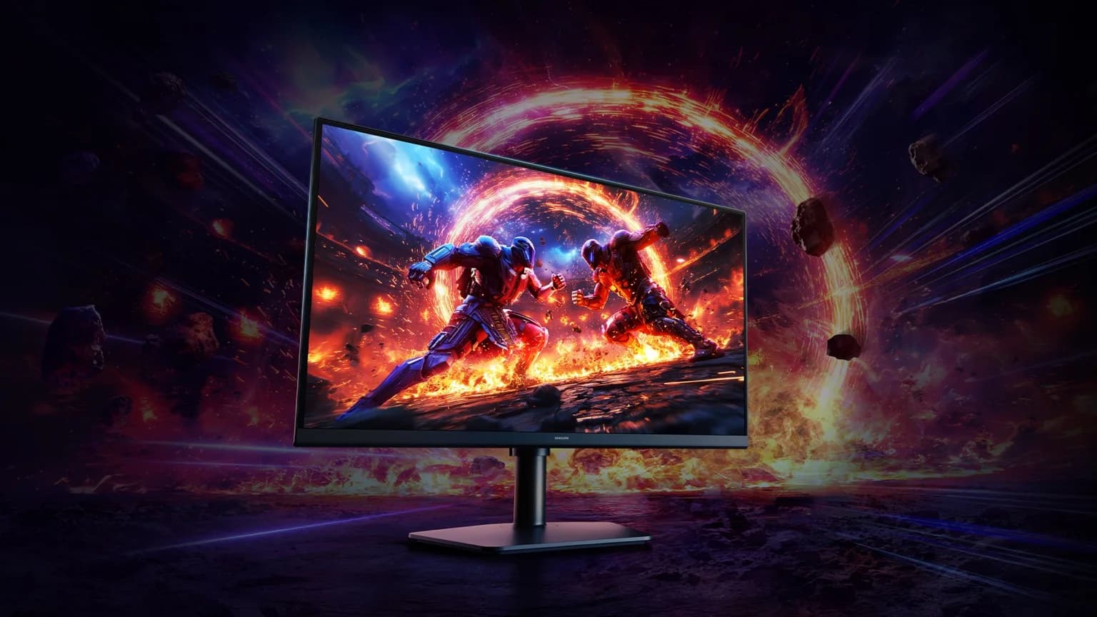 Samsung Odyssey G6 med spelgrafik på skärmen framför en mörk, rymdinspirerad bakgrund.