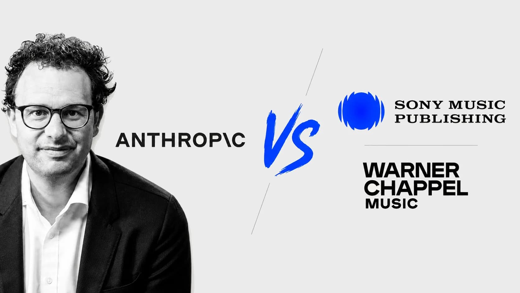 AI-genererad redaktionell VS-bild med Anthropic till vänster och Sony Music Publishing samt Warner Chappell Music till höger, på Nördigts ljusgrå bakgrund.