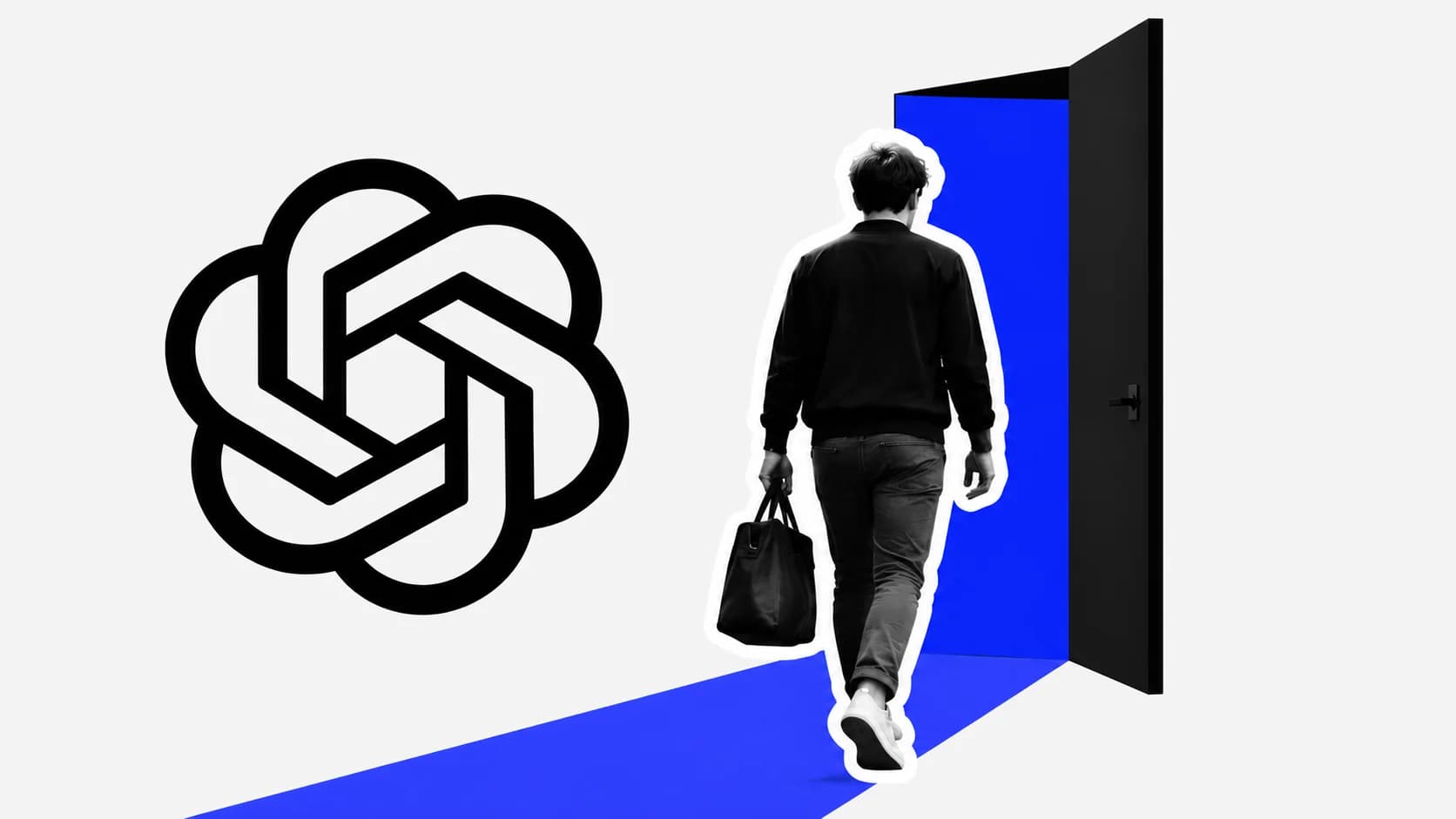 En utklippt person går mot en öppen dörr med blått ljus, bredvid OpenAI:s svarta logotyp.