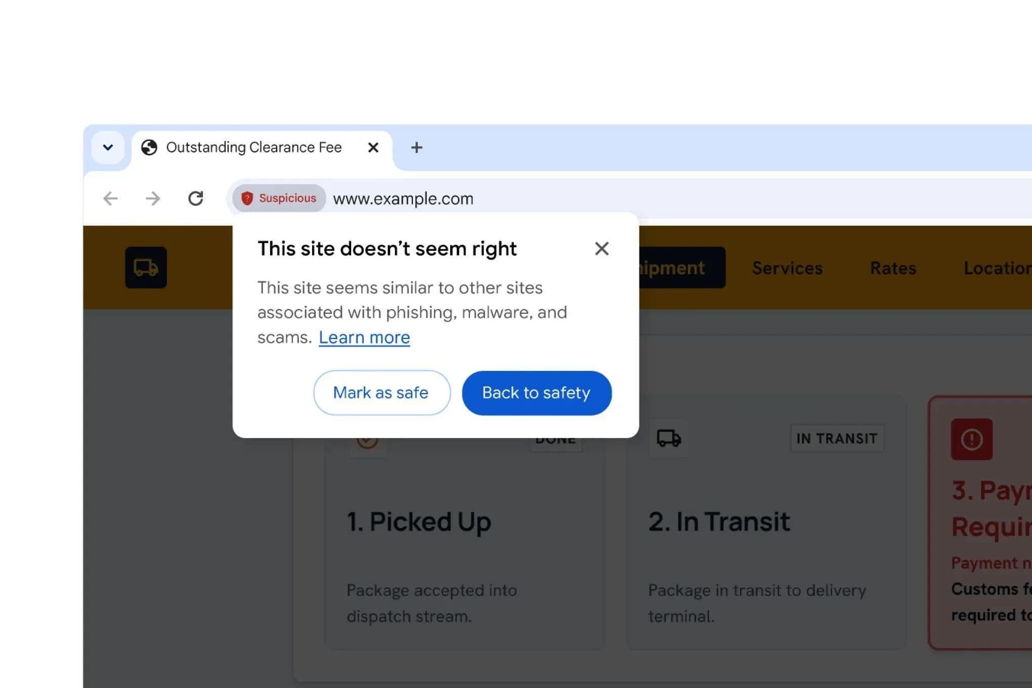 Googles exempel på Chromes nya varning för en misstänkt webbplats, med valen att markera sidan som säker eller gå tillbaka.