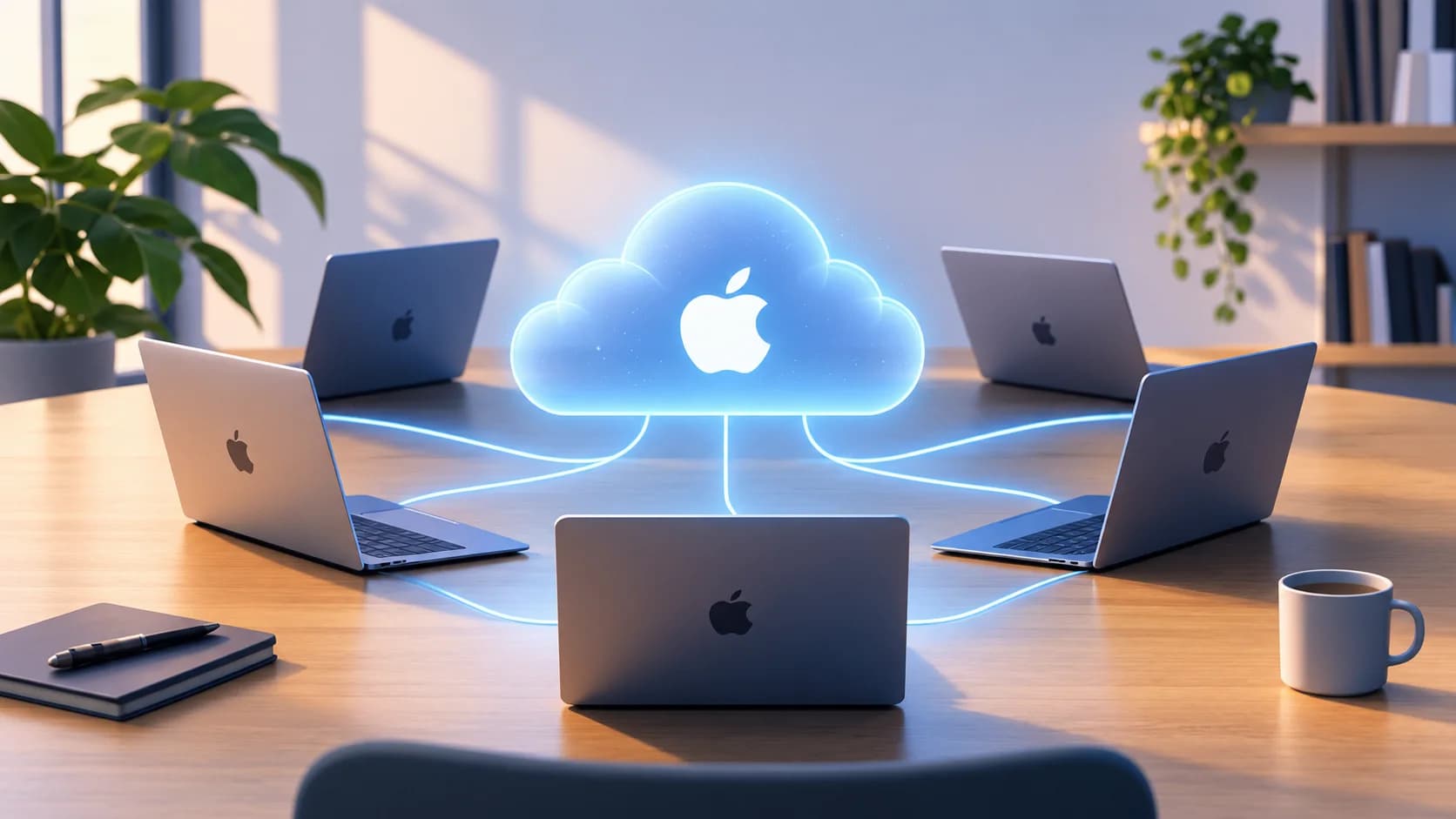 Illustration av fem MacBook-datorer som är sammankopplade med ett lysande moln med Apples symbol.